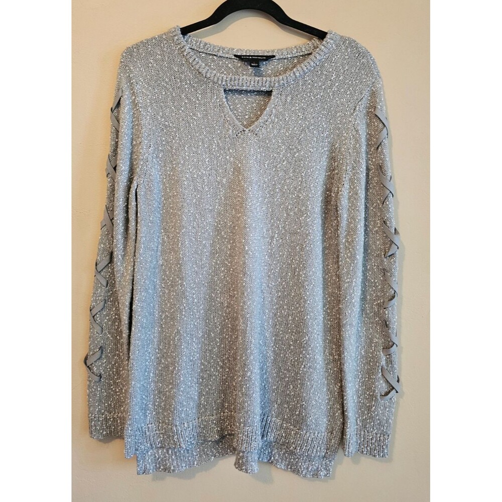 Rock & Republic Sweater Womens Large Gray, laced up sleeves, keyhole neck